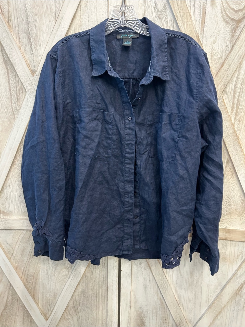 Faith & Zoe Navy Button-Down Linen-Blend Shirt